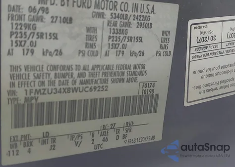 1998 Ford Explorer Eddie Bauer/Limited/Xl/Xlt z USA, uszkodzony, nr VIN 1FMZU34X8WUC69252